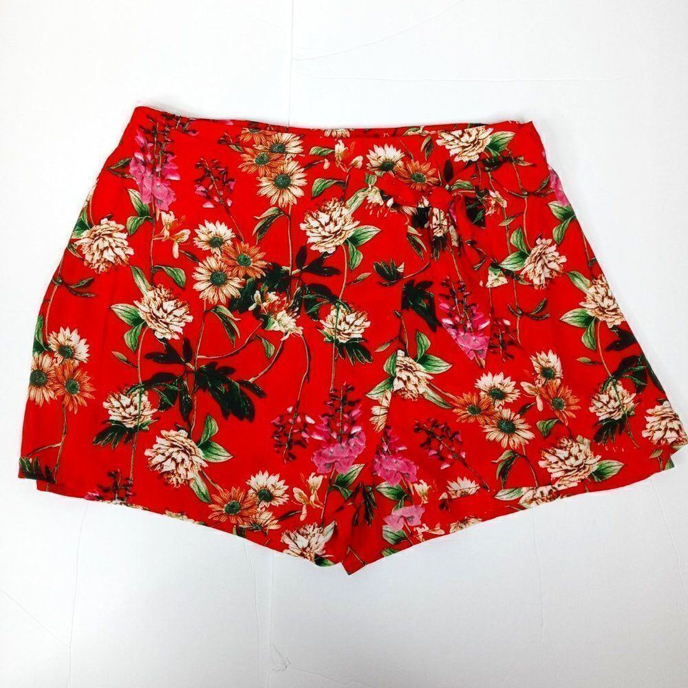 blu pepper red floral faux wrap shorts
